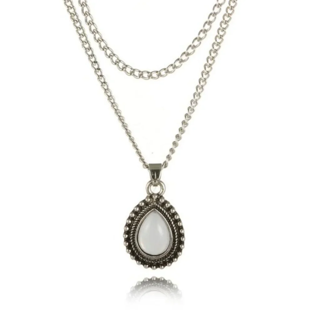 Teardrop Stone Pendant Silver Layered Necklace - Picture 3 of 3